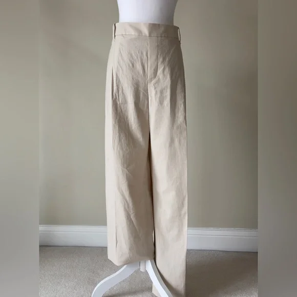 Vince Women’s High Waist Pull-On Stretch Linen Blend Beige Pleated Wide Leg Pant - Picture 3 of 7